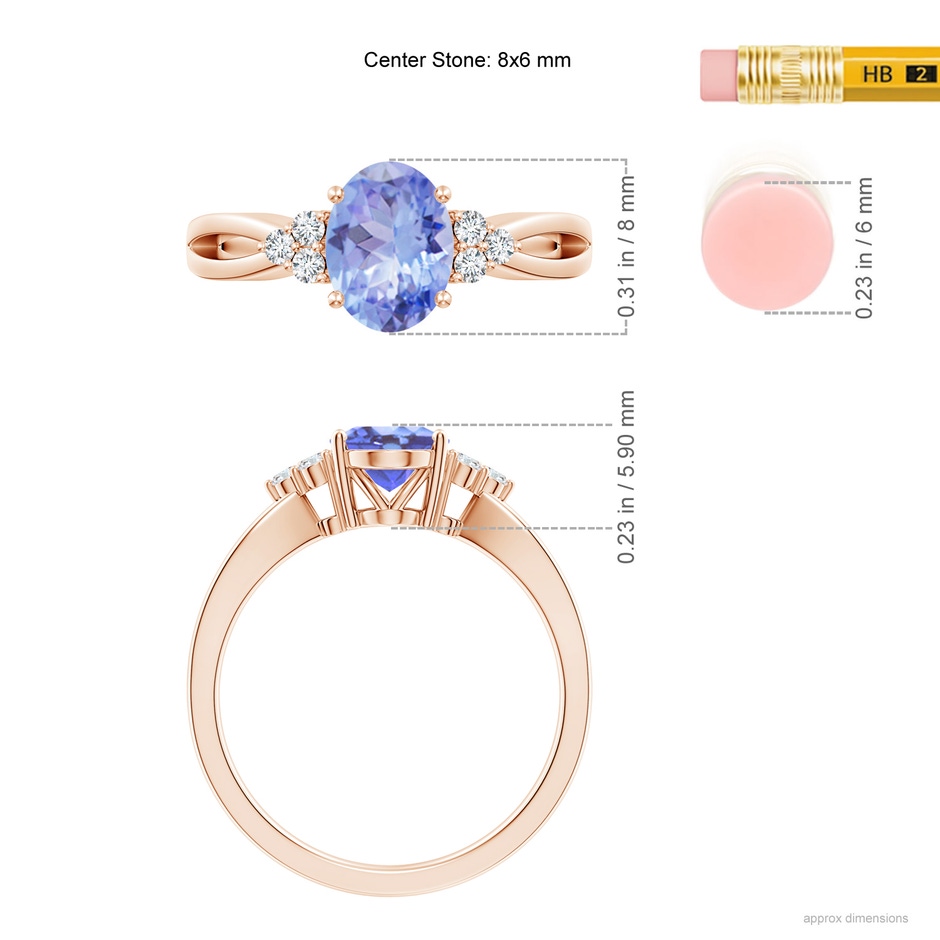 8x6mm A Oval Tanzanite Split Shank Ring with Trio Diamonds in Rose Gold ruler