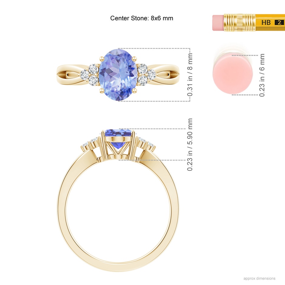 8x6mm A Oval Tanzanite Split Shank Ring with Trio Diamonds in Yellow Gold ruler