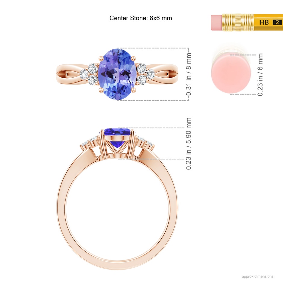 8x6mm AA Oval Tanzanite Split Shank Ring with Trio Diamonds in Rose Gold ruler