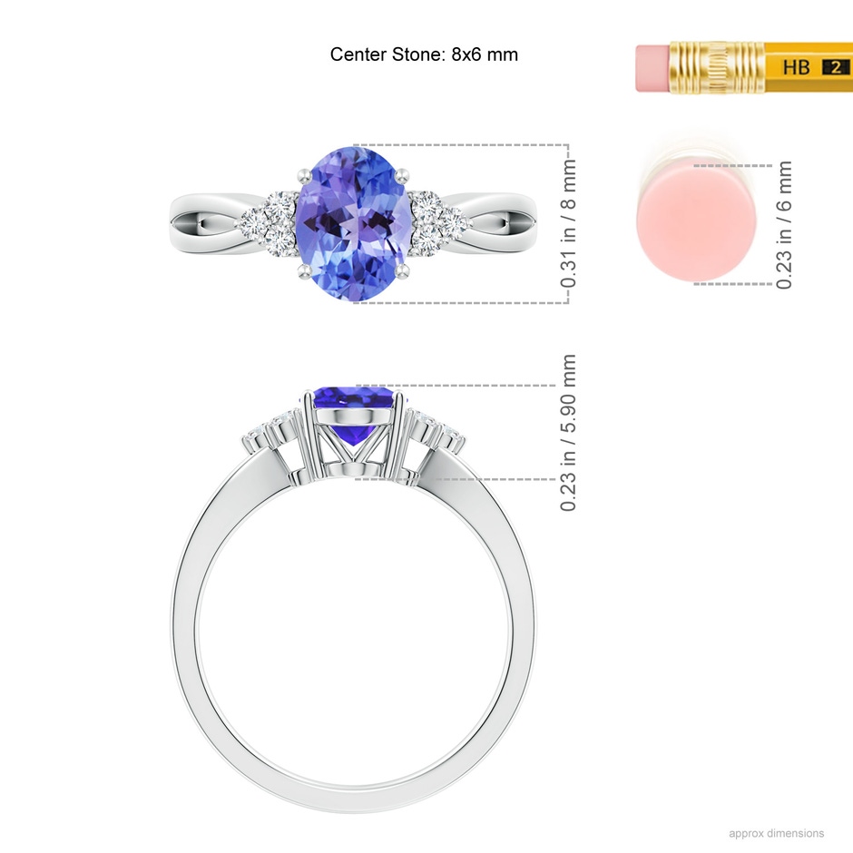 8x6mm AA Oval Tanzanite Split Shank Ring with Trio Diamonds in White Gold ruler