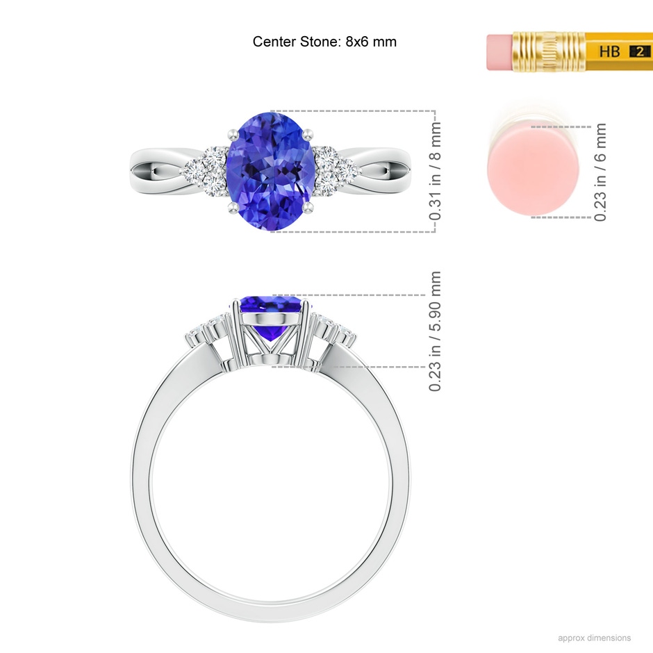 8x6mm AAA Oval Tanzanite Split Shank Ring with Trio Diamonds in P950 Platinum ruler