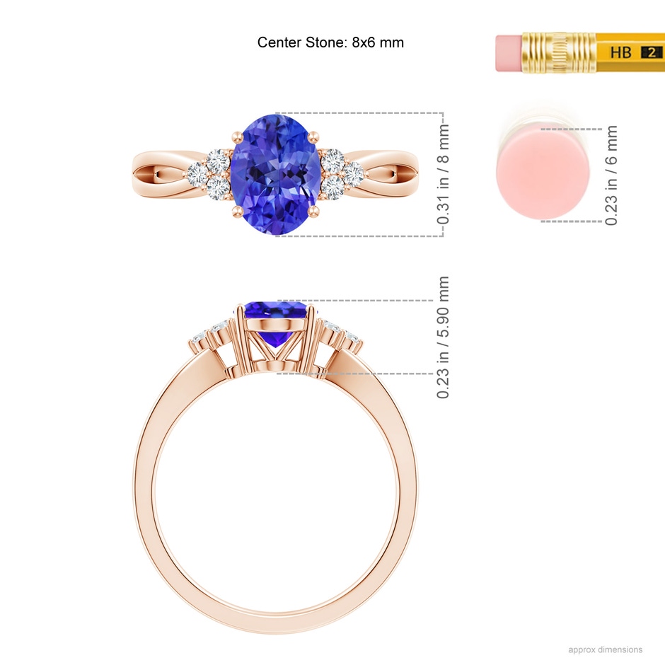 8x6mm AAA Oval Tanzanite Split Shank Ring with Trio Diamonds in Rose Gold ruler