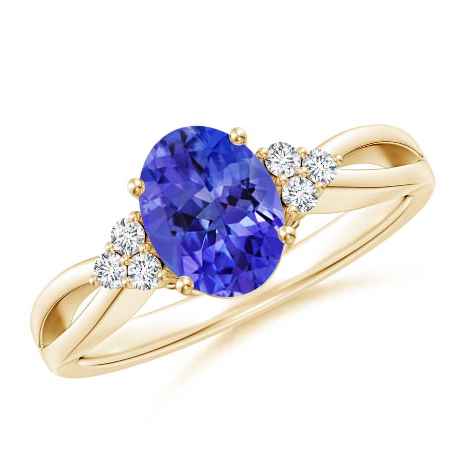 8x6mm AAA Oval Tanzanite Split Shank Ring with Trio Diamonds in Yellow Gold 