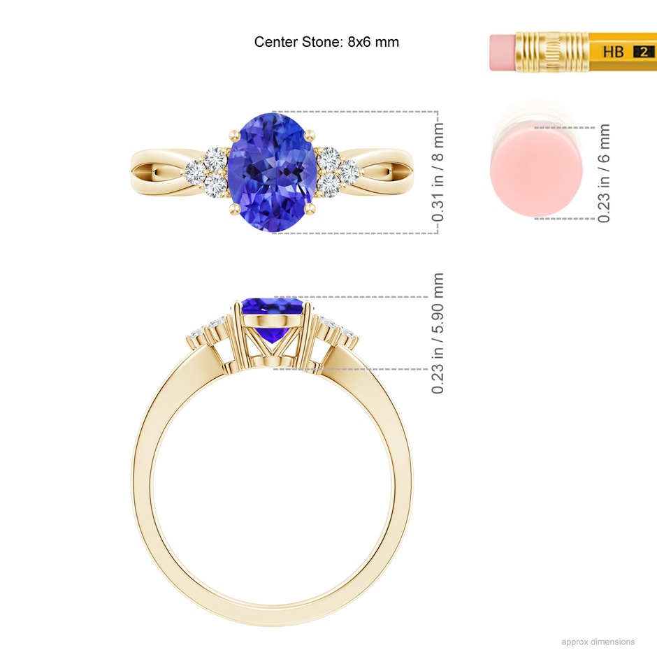 8x6mm AAA Oval Tanzanite Split Shank Ring with Trio Diamonds in Yellow Gold ruler