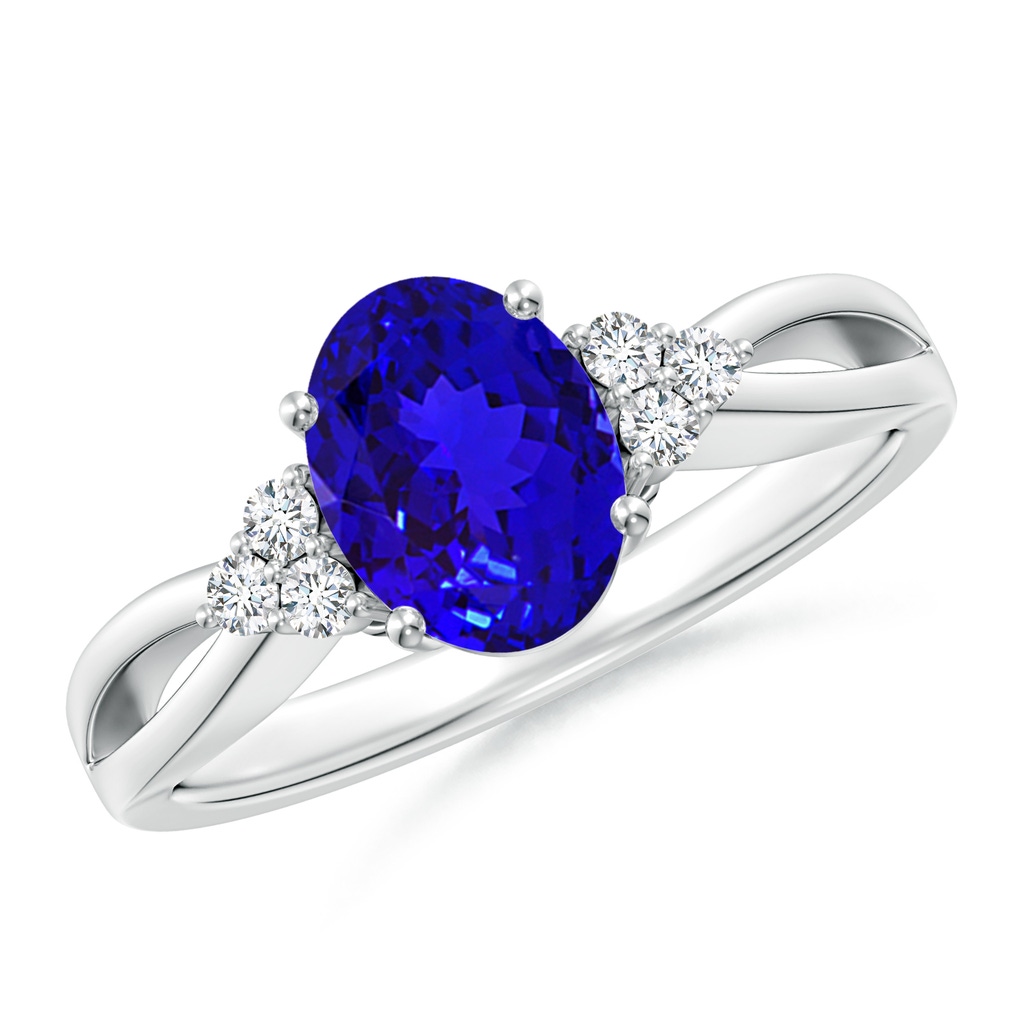 8x6mm AAAA Oval Tanzanite Split Shank Ring with Trio Diamonds in 10K White Gold