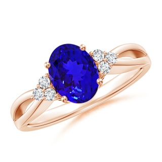 8x6mm AAAA Oval Tanzanite Split Shank Ring with Trio Diamonds in Rose Gold