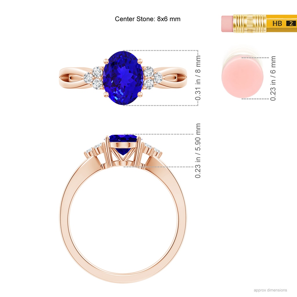 8x6mm AAAA Oval Tanzanite Split Shank Ring with Trio Diamonds in Rose Gold Ruler