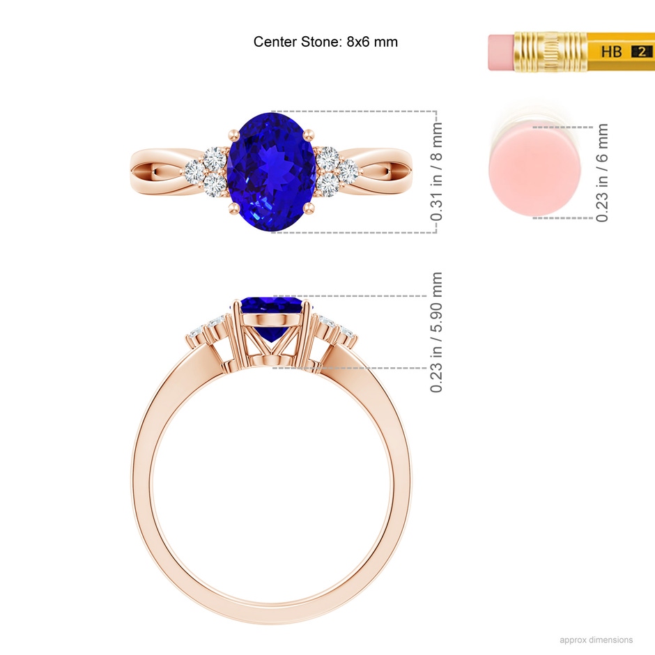 8x6mm AAAA Oval Tanzanite Split Shank Ring with Trio Diamonds in Rose Gold ruler