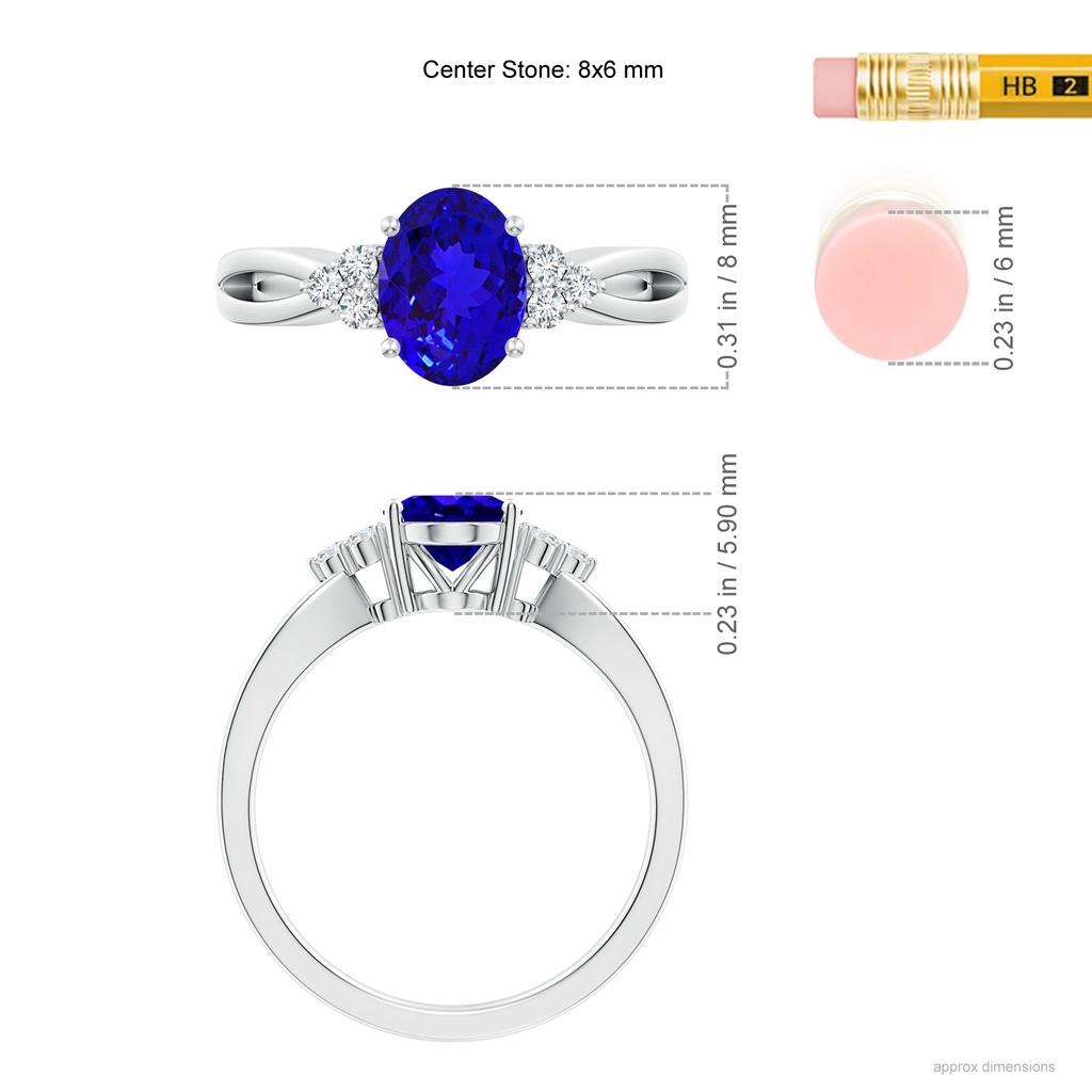 8x6mm AAAA Oval Tanzanite Split Shank Ring with Trio Diamonds in White Gold Ruler