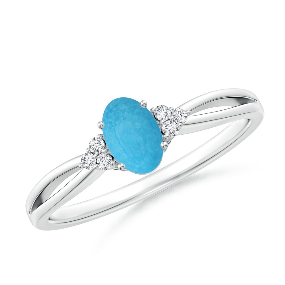 6x4mm A Solitaire Oval Turquoise Split Shank Ring with Trio Diamonds in White Gold 