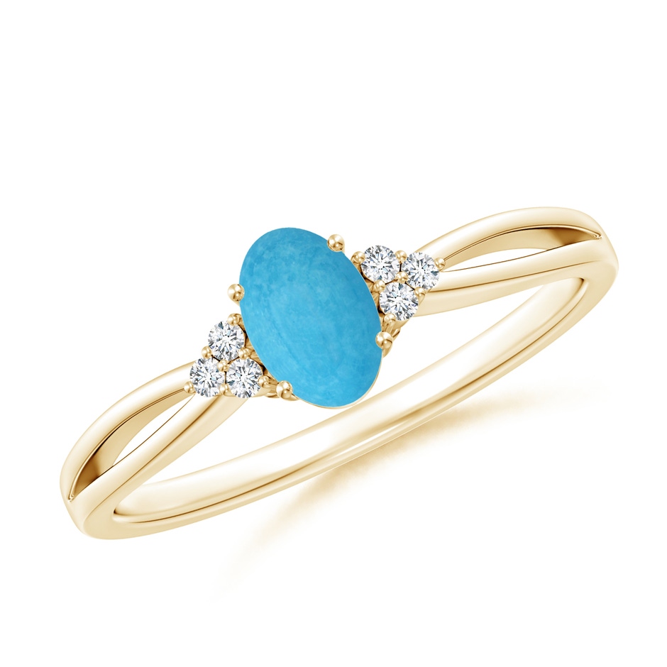 6x4mm A Solitaire Oval Turquoise Split Shank Ring with Trio Diamonds in Yellow Gold 