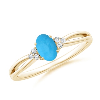 6x4mm AAA Solitaire Oval Turquoise Split Shank Ring with Trio Diamonds in Yellow Gold