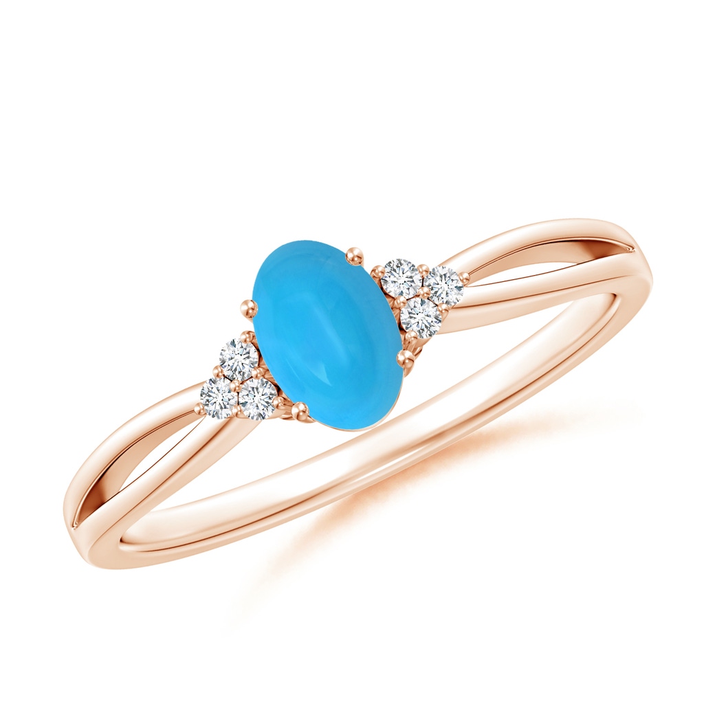 6x4mm AAAA Solitaire Oval Turquoise Split Shank Ring with Trio Diamonds in Rose Gold