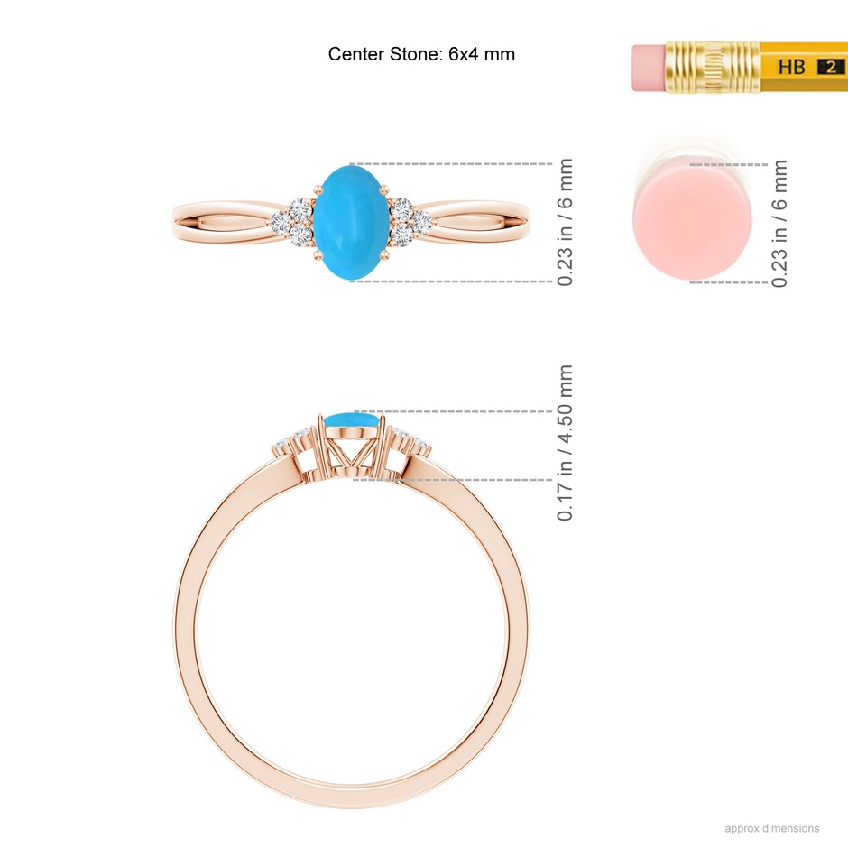 6x4mm AAAA Solitaire Oval Turquoise Split Shank Ring with Trio Diamonds in Rose Gold ruler