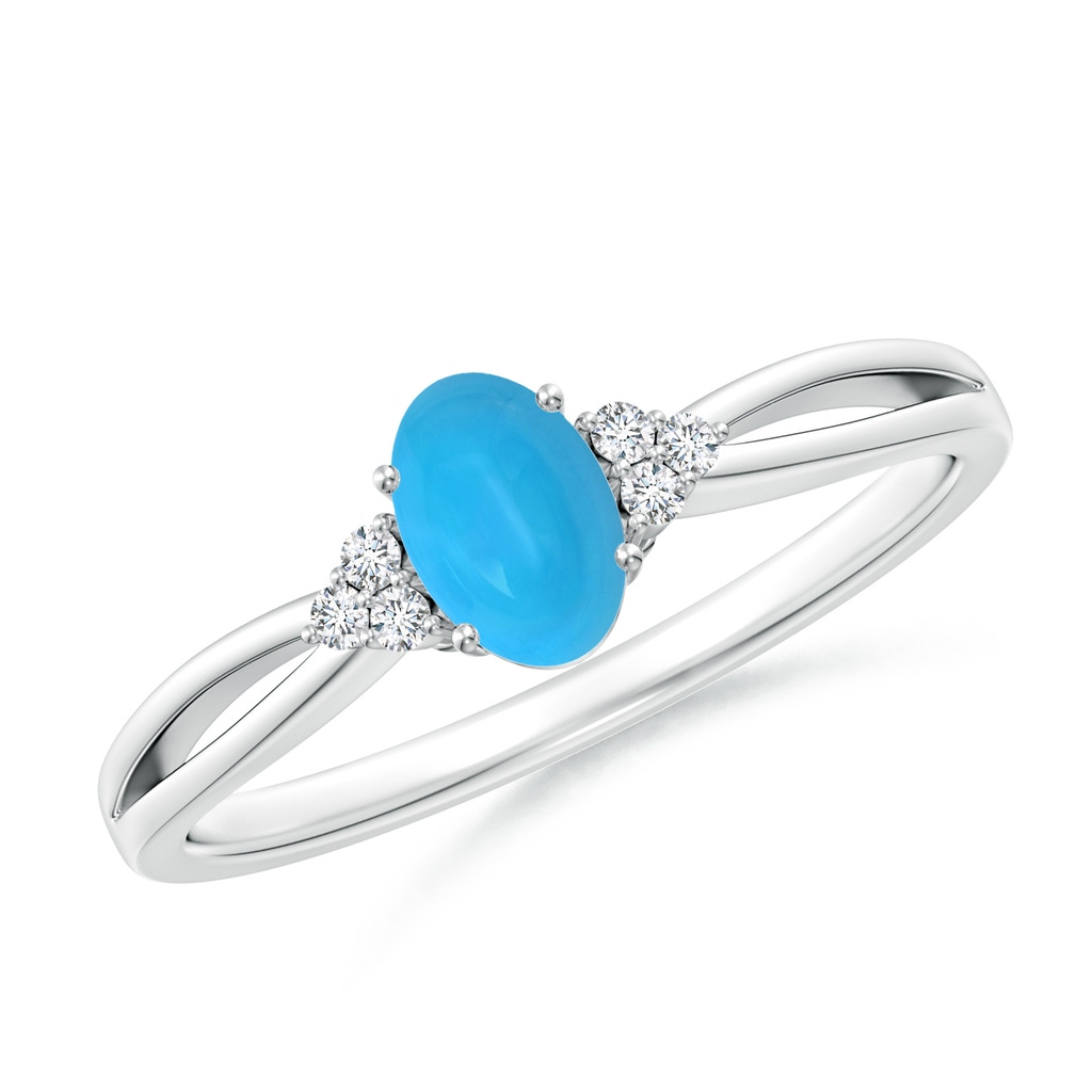 6x4mm AAAA Solitaire Oval Turquoise Split Shank Ring with Trio Diamonds in White Gold