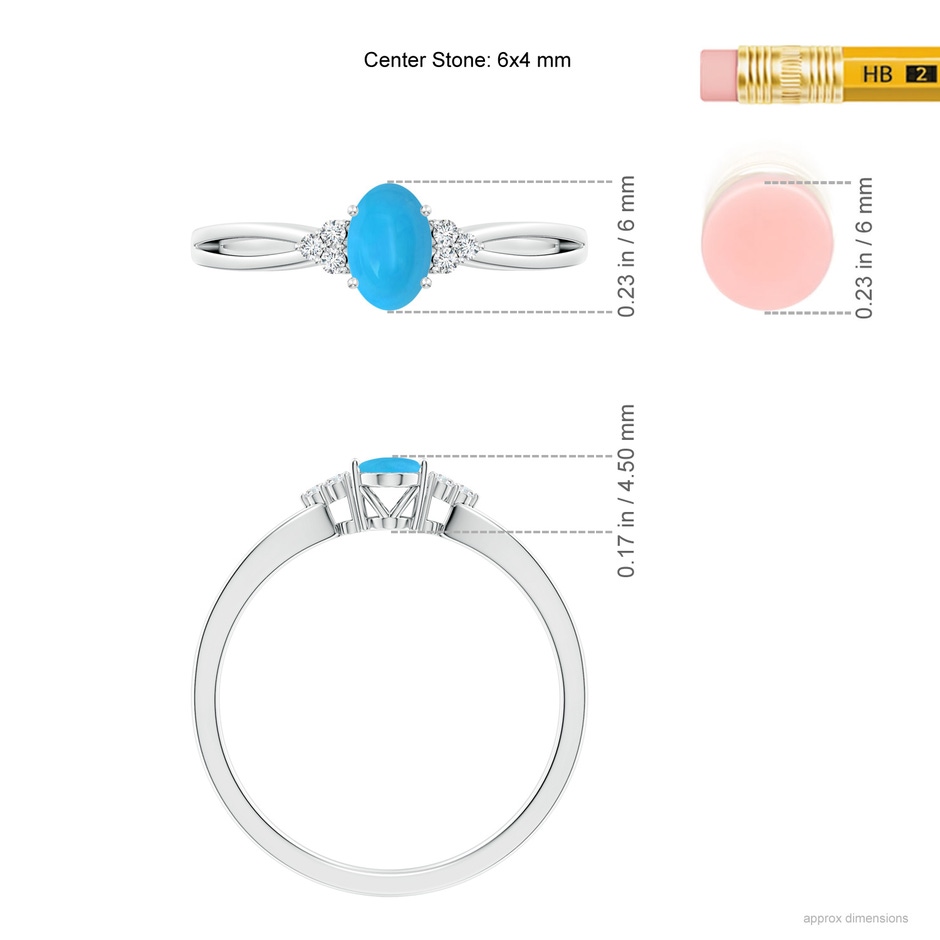 6x4mm AAAA Solitaire Oval Turquoise Split Shank Ring with Trio Diamonds in White Gold ruler