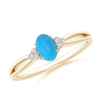 6x4mm AAAA Solitaire Oval Turquoise Split Shank Ring with Trio Diamonds in Yellow Gold