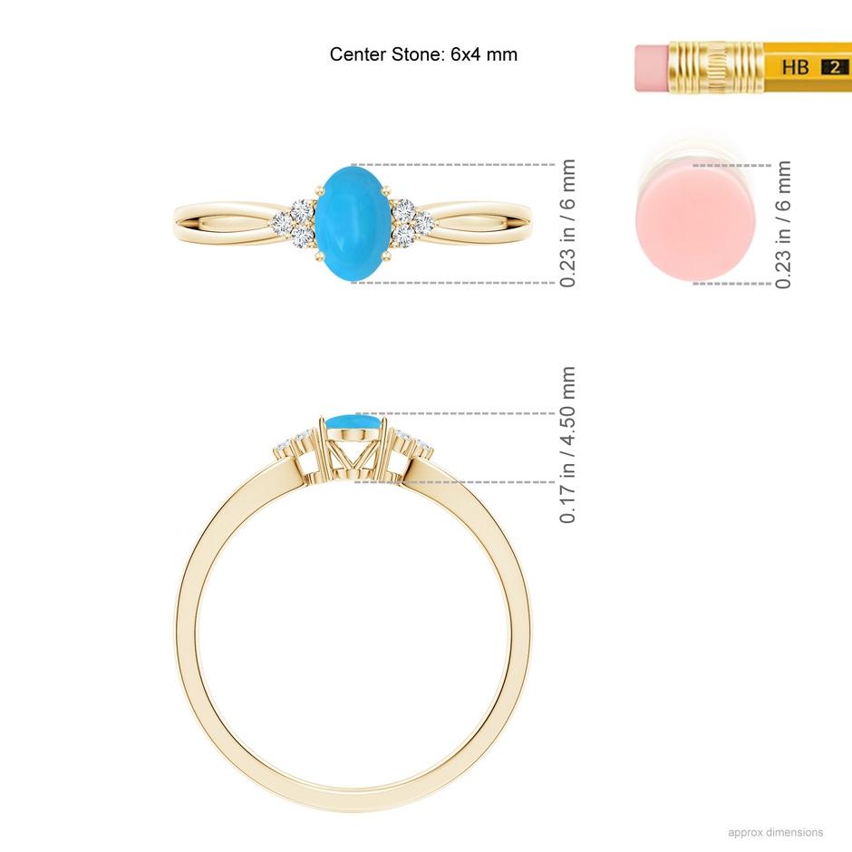 6x4mm AAAA Solitaire Oval Turquoise Split Shank Ring with Trio Diamonds in Yellow Gold ruler