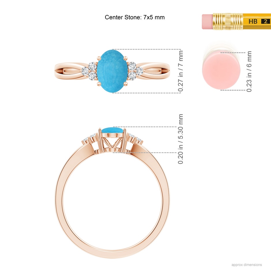 7x5mm A Solitaire Oval Turquoise Split Shank Ring with Trio Diamonds in Rose Gold ruler