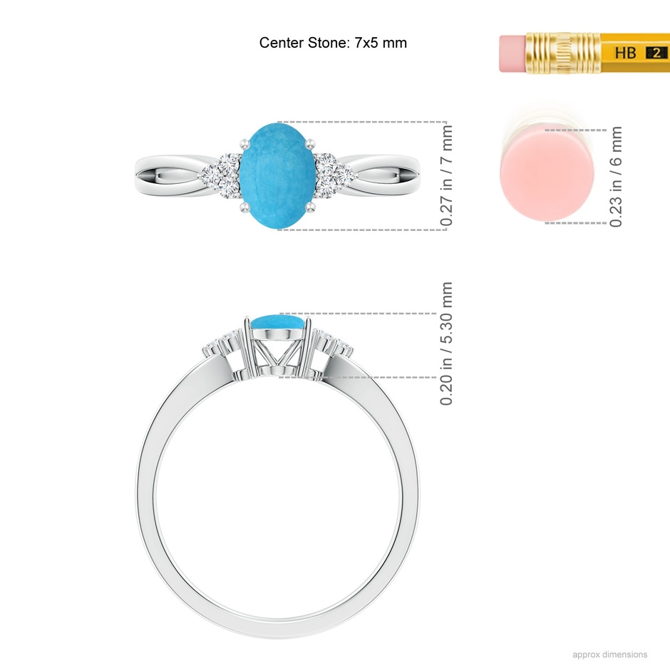 7x5mm A Solitaire Oval Turquoise Split Shank Ring with Trio Diamonds in White Gold ruler