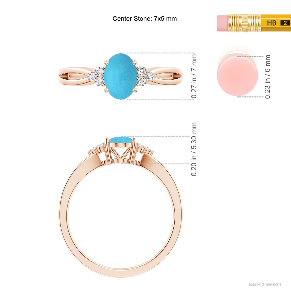 7x5mm AA Solitaire Oval Turquoise Split Shank Ring with Trio Diamonds in Rose Gold ruler