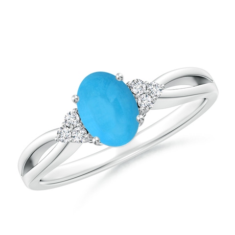 7x5mm AAA Solitaire Oval Turquoise Split Shank Ring with Trio Diamonds in White Gold