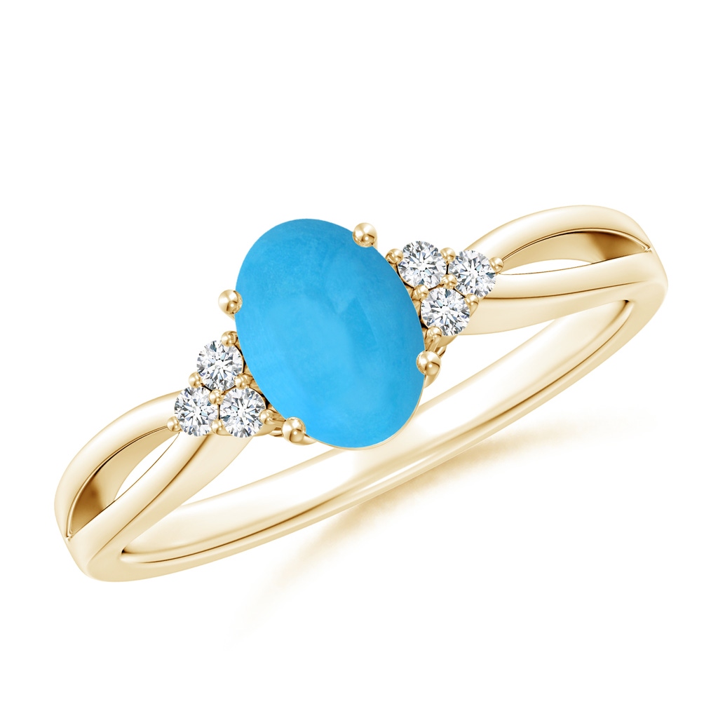 7x5mm AAA Solitaire Oval Turquoise Split Shank Ring with Trio Diamonds in Yellow Gold