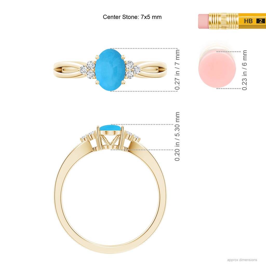 7x5mm AAA Solitaire Oval Turquoise Split Shank Ring with Trio Diamonds in Yellow Gold Ruler