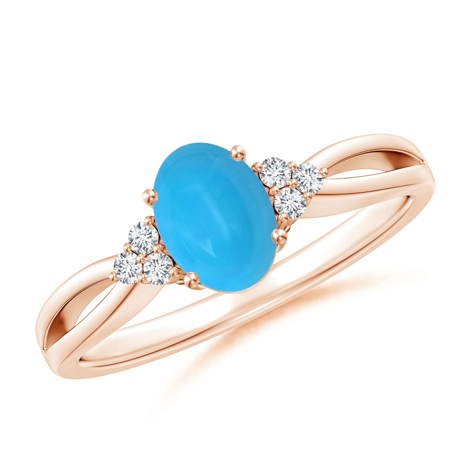 7x5mm AAAA Solitaire Oval Turquoise Split Shank Ring with Trio Diamonds in Rose Gold 