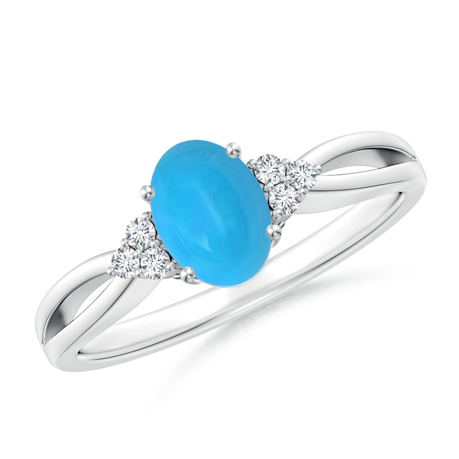 7x5mm AAAA Solitaire Oval Turquoise Split Shank Ring with Trio Diamonds in White Gold 
