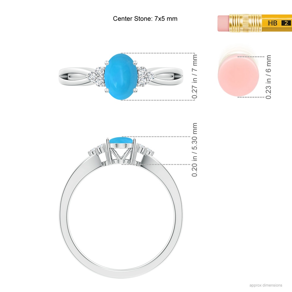 7x5mm AAAA Solitaire Oval Turquoise Split Shank Ring with Trio Diamonds in White Gold ruler