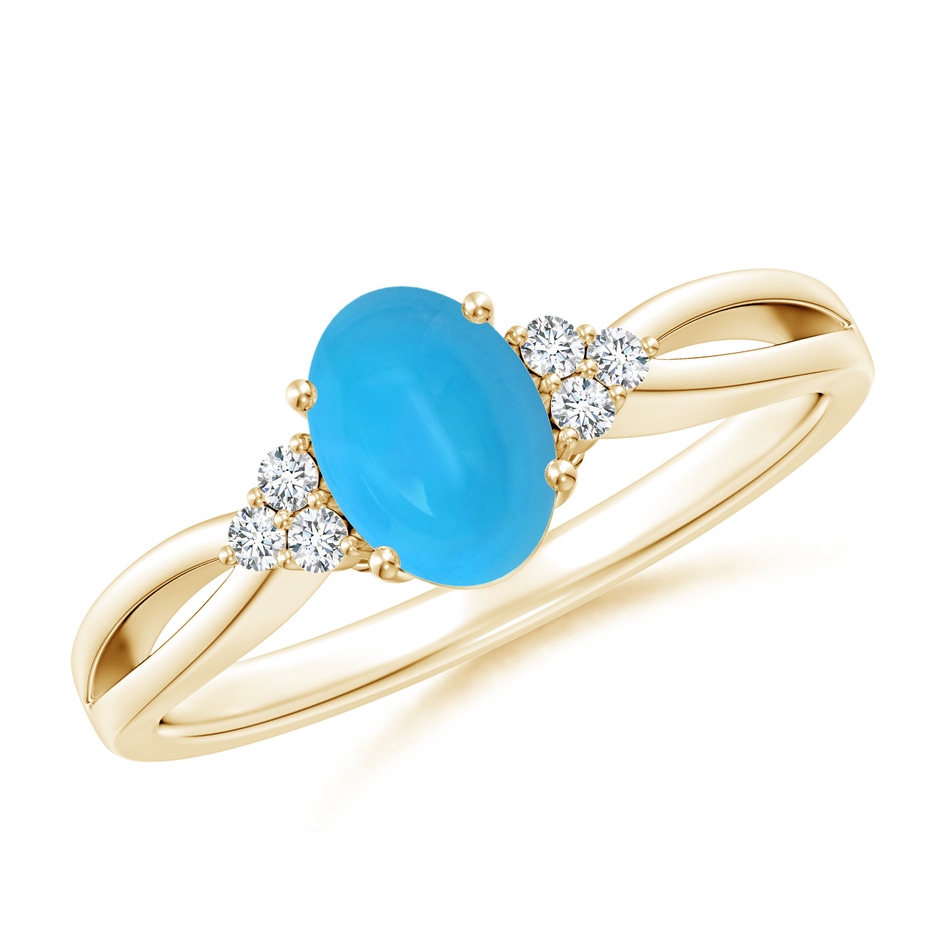 7x5mm AAAA Solitaire Oval Turquoise Split Shank Ring with Trio Diamonds in Yellow Gold 