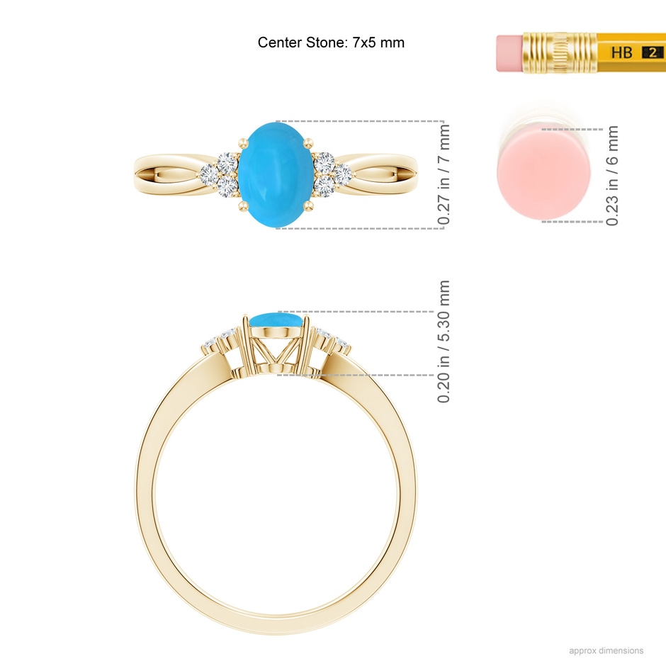 7x5mm AAAA Solitaire Oval Turquoise Split Shank Ring with Trio Diamonds in Yellow Gold ruler