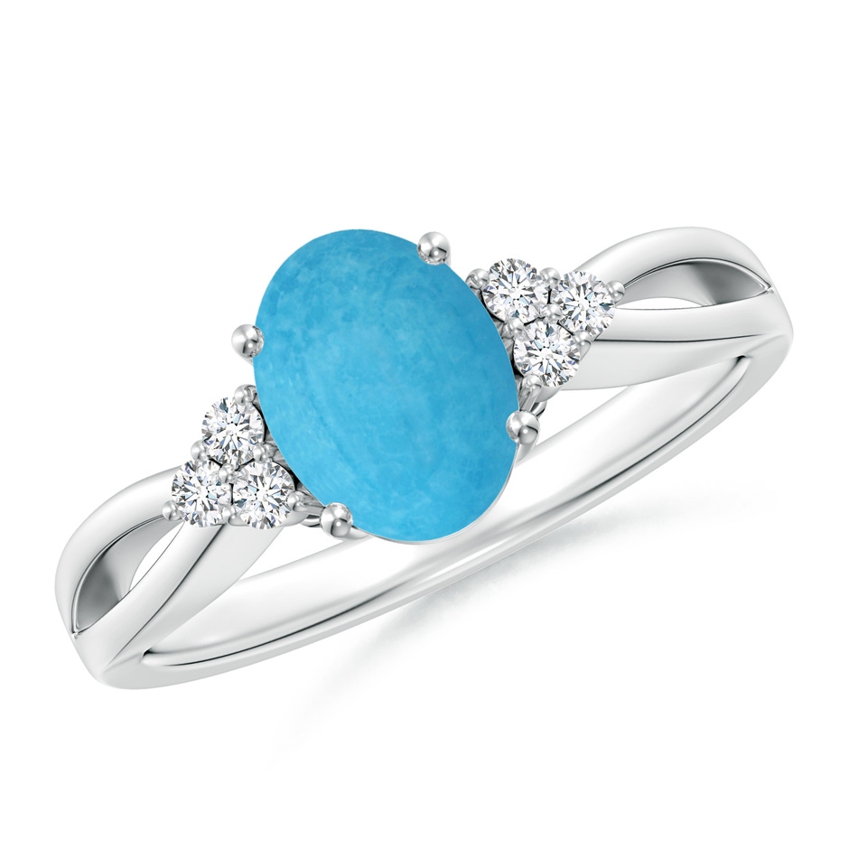 8x6mm A Solitaire Oval Turquoise Split Shank Ring with Trio Diamonds in White Gold 