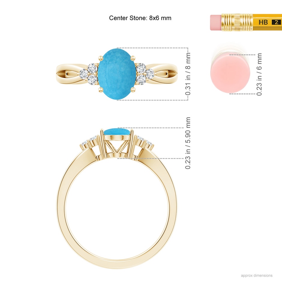 8x6mm A Solitaire Oval Turquoise Split Shank Ring with Trio Diamonds in Yellow Gold ruler