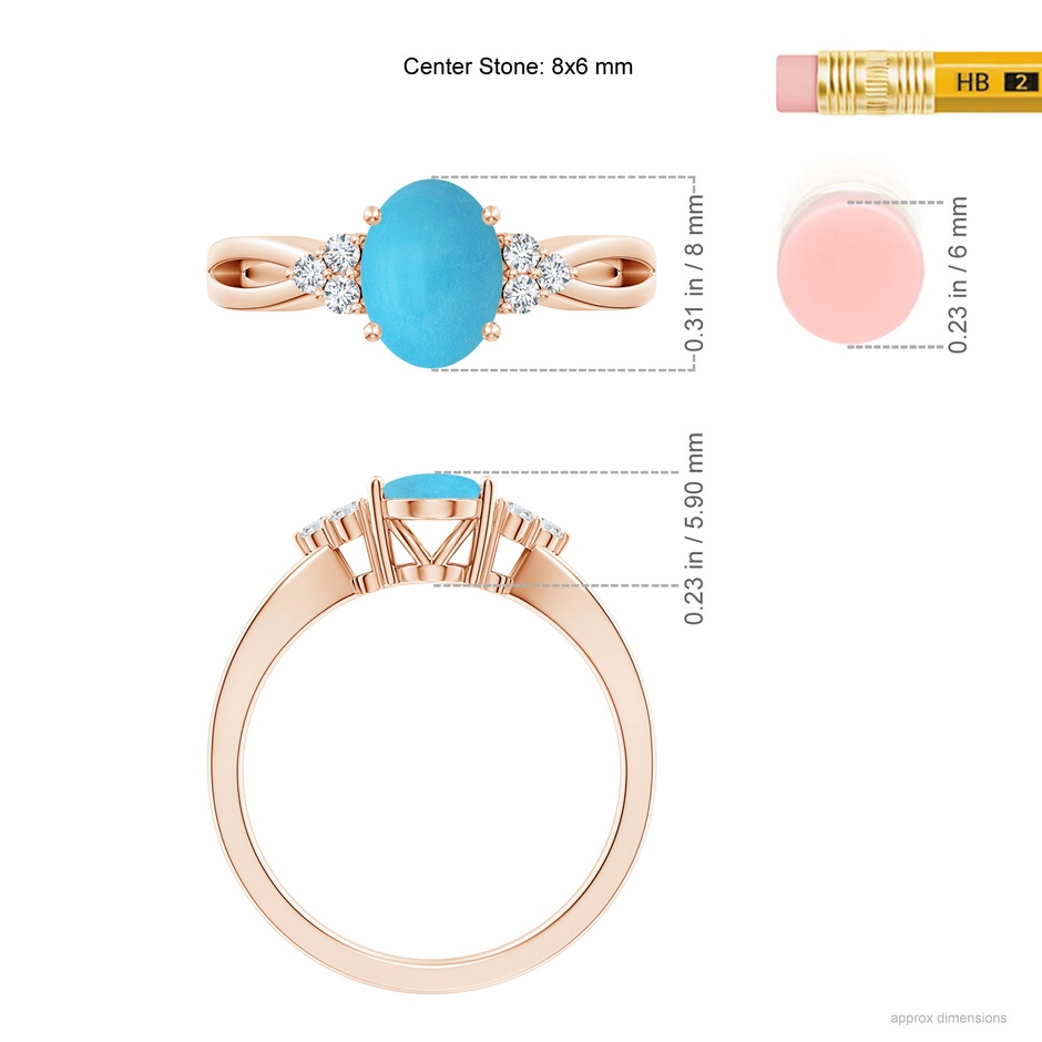 8x6mm AA Solitaire Oval Turquoise Split Shank Ring with Trio Diamonds in Rose Gold ruler