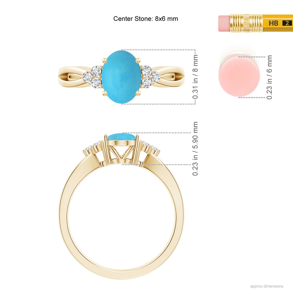 8x6mm AA Solitaire Oval Turquoise Split Shank Ring with Trio Diamonds in Yellow Gold ruler