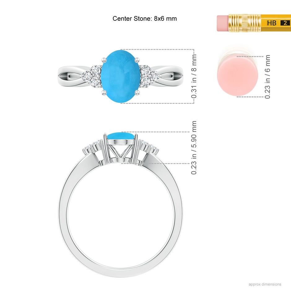 8x6mm AAA Solitaire Oval Turquoise Split Shank Ring with Trio Diamonds in White Gold ruler