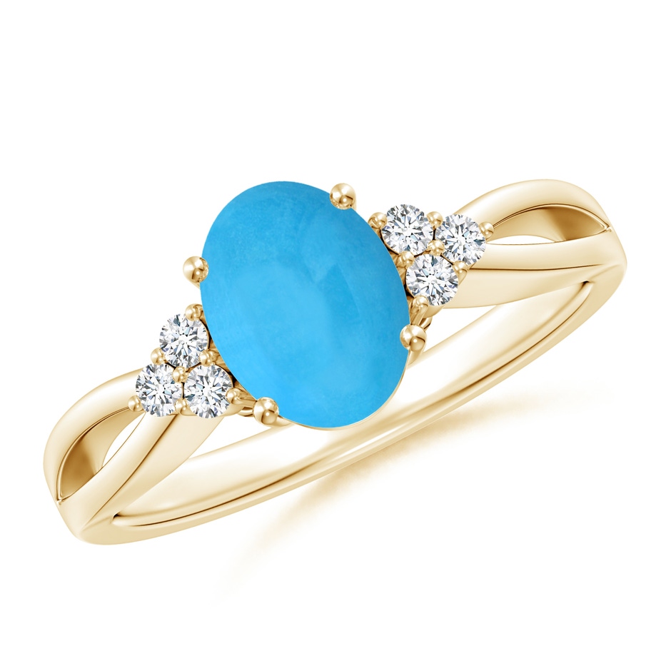 8x6mm AAA Solitaire Oval Turquoise Split Shank Ring with Trio Diamonds in Yellow Gold 