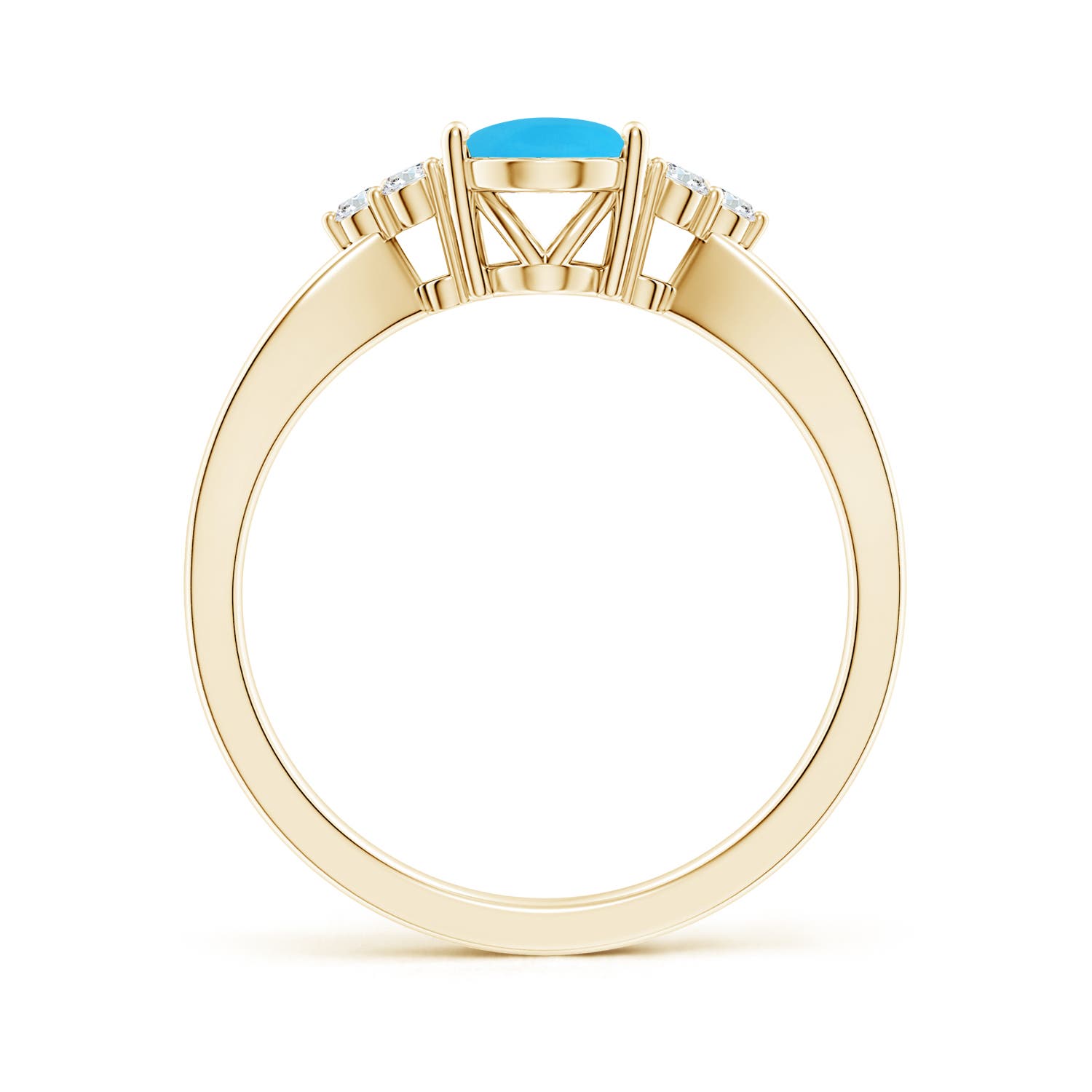 8x6mm AAA Solitaire Oval Turquoise Split Shank Ring with Trio Diamonds in Yellow Gold