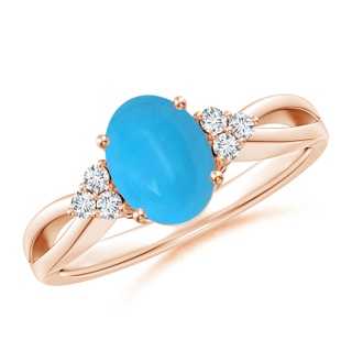 8x6mm AAAA Solitaire Oval Turquoise Split Shank Ring with Trio Diamonds in Rose Gold