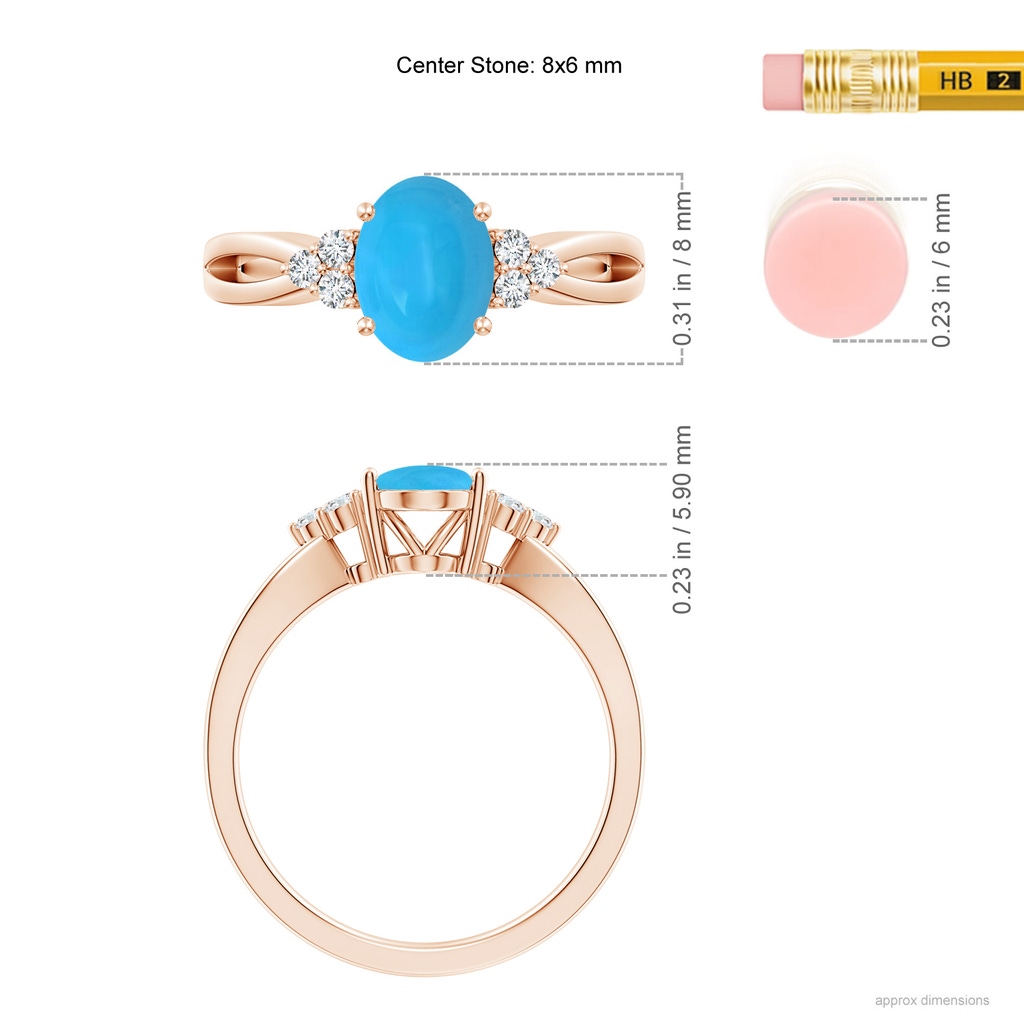 8x6mm AAAA Solitaire Oval Turquoise Split Shank Ring with Trio Diamonds in Rose Gold Ruler