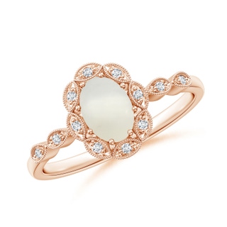 7x5mm AAA Oval Moonstone Halo Ring with Milgrain in Rose Gold