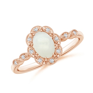 7x5mm AAAA Oval Moonstone Halo Ring with Milgrain in Rose Gold
