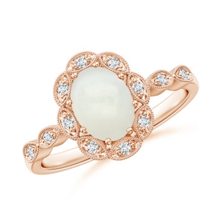8x6mm AAAA Oval Moonstone Halo Ring with Milgrain in Rose Gold