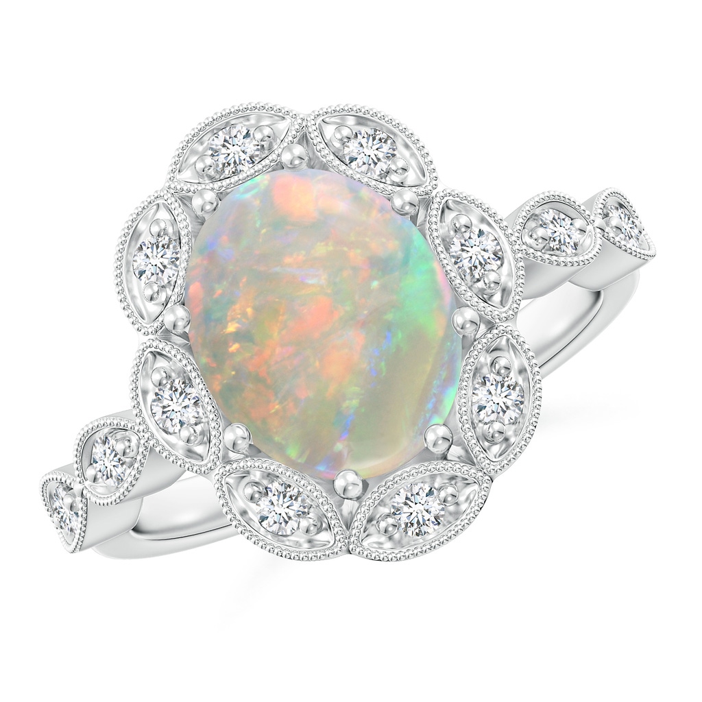 10x8mm AAAA Oval Opal Halo Ring with Milgrain in P950 Platinum
