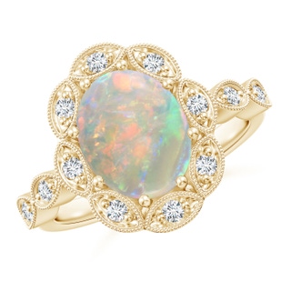 10x8mm AAAA Oval Opal Halo Ring with Milgrain in Yellow Gold