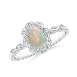 7x5mm AAAA Oval Opal Halo Ring with Milgrain in P950 Platinum