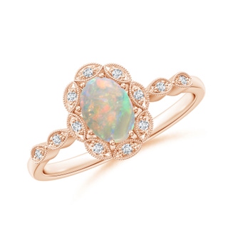 7x5mm AAAA Oval Opal Halo Ring with Milgrain in Rose Gold