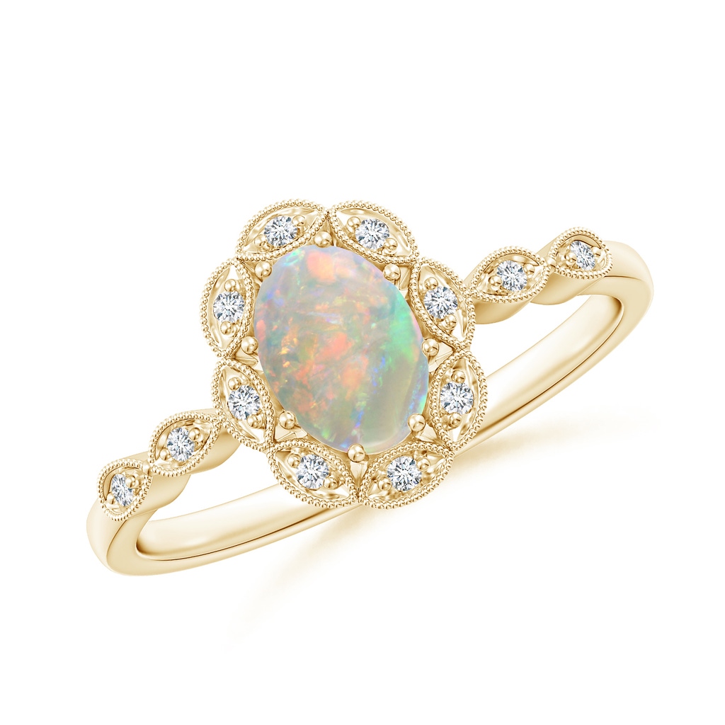 7x5mm AAAA Oval Opal Halo Ring with Milgrain in Yellow Gold